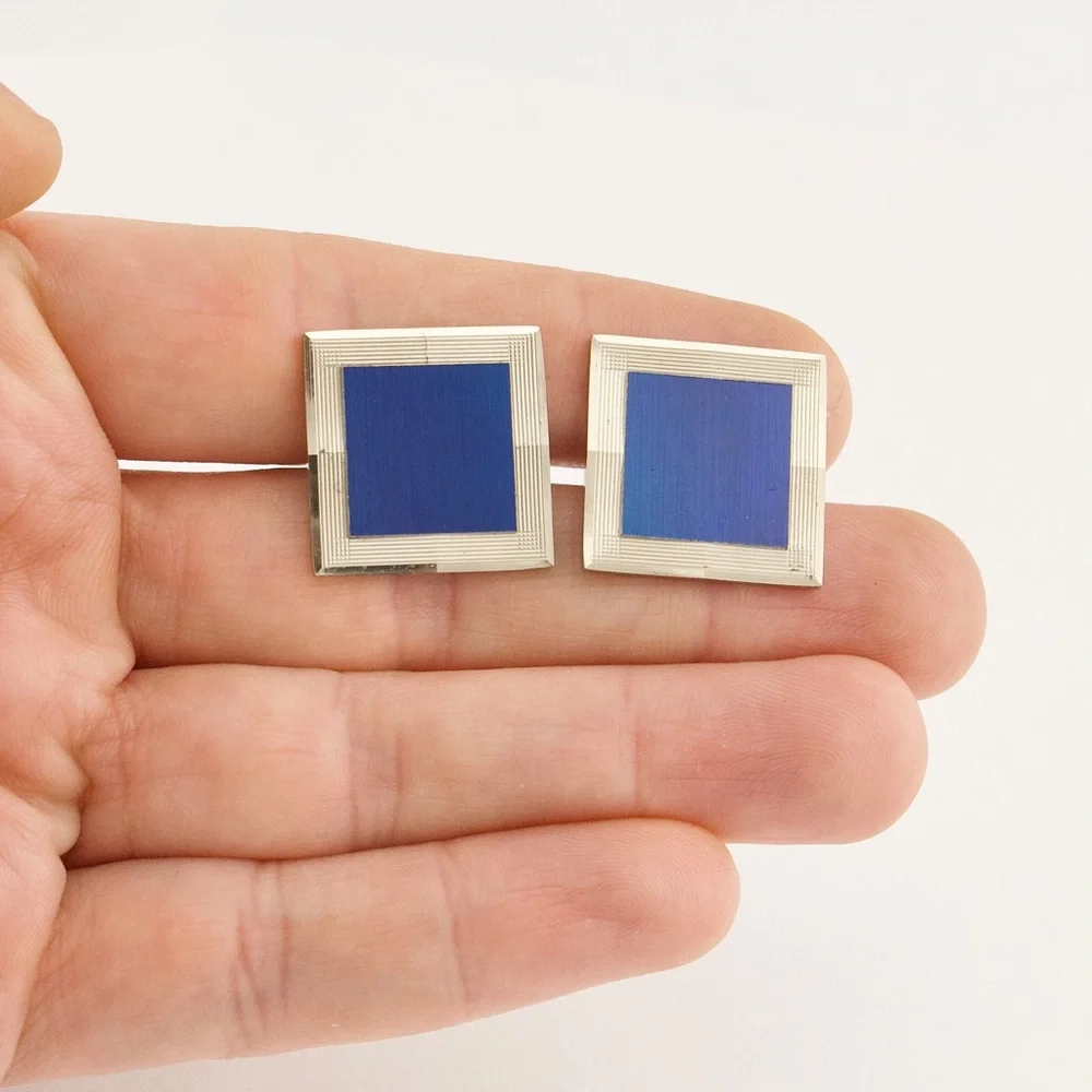Vintage Etched Blue Tile Cufflinks Silver Tone Large Square Cuff Links